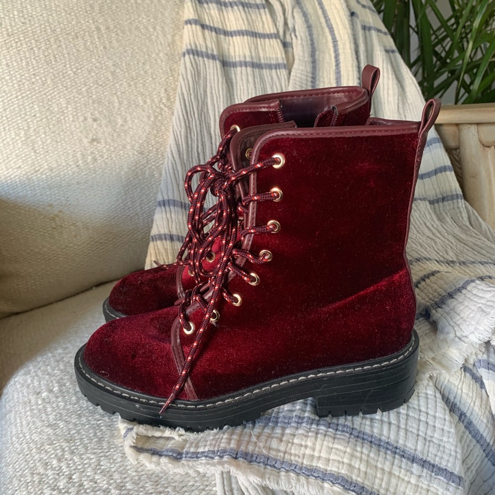 Red velvet combat boots